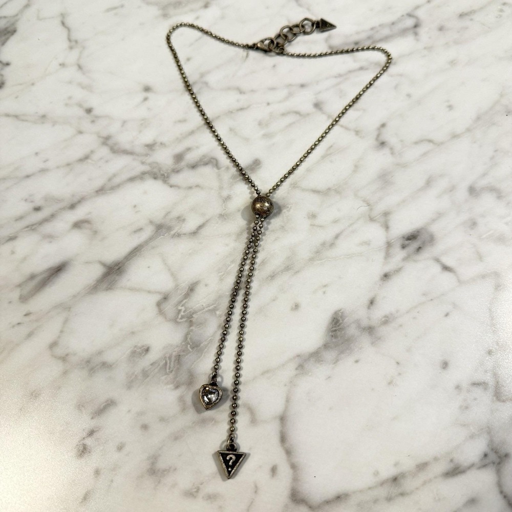 Y2K Guess Heart Rhinestone Logo Lariat Ball Chain Silver Tone Necklace Punk